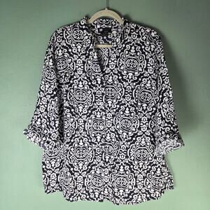 Carole Little Woman 1X Pattern Linen Button Up VNeck Mandarin Collar Top